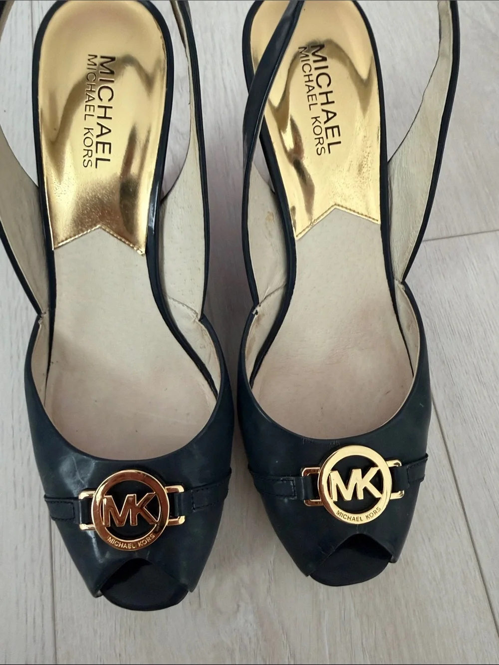 Michael Kors Navy “Rochelle” Patent Peep-Toe Wedge